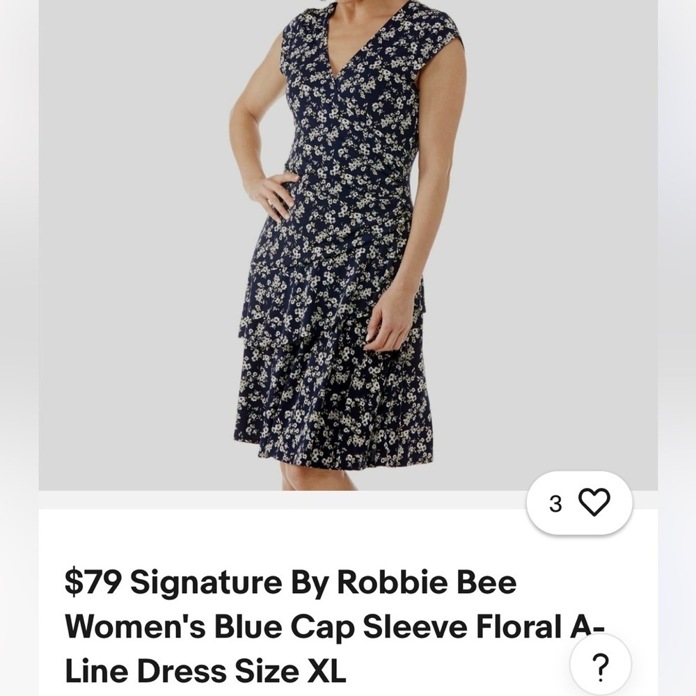 Signature by Robbie Bee Floral Faux Wrap Dress in Navy and White. Size Petite L - Picture 4 of 7